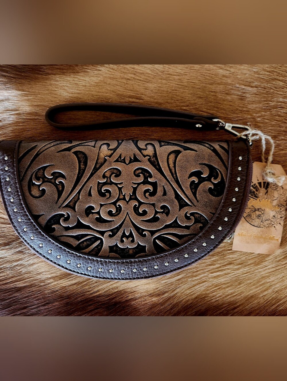 Women's Brown Embossed Wristlet Clutch with Stud Accent